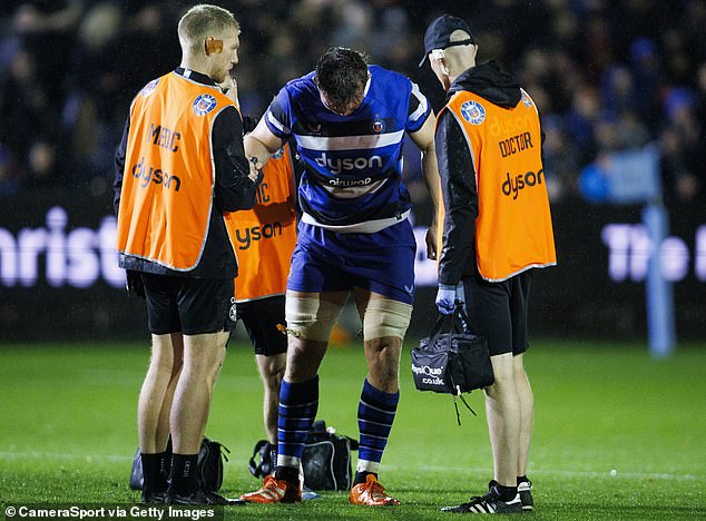Bath flanker Ted Hill receives treatment during their win over Sale last week