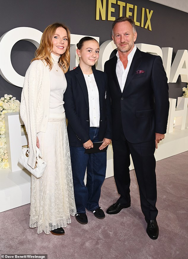 Geri Halliwell and Christian Horner put on a united front as they were joined by his daughter Olivia at the Victoria Beckham premiere in London on Wednesday