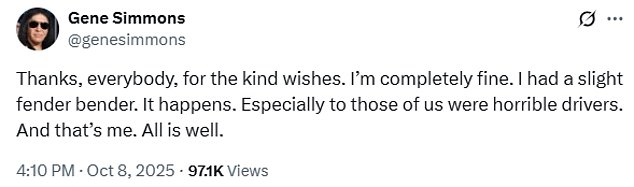 Simmons assured fans all was well following his accident