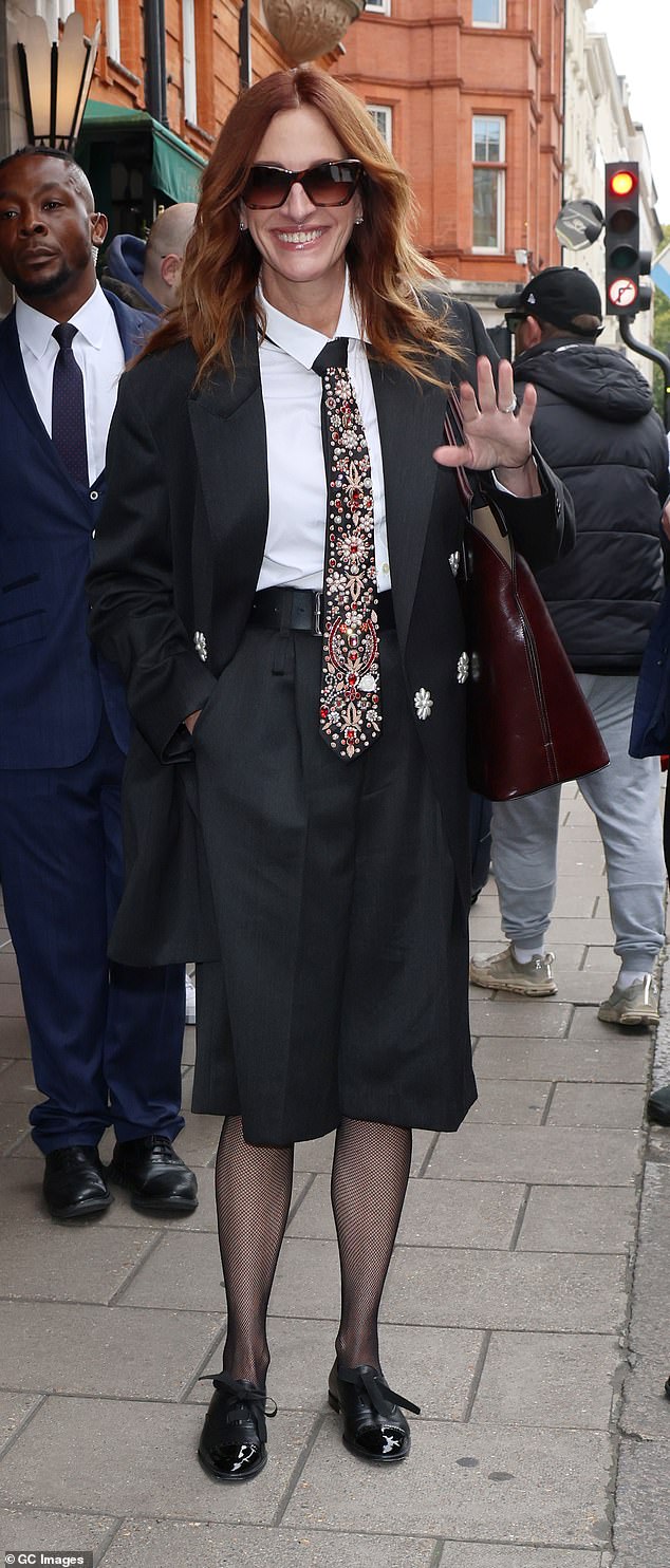 The actress, 57, was in the big smoke promoting her new movie 'After the Hunt' and wore a stand out outfit for the occasion, which consisted of an oversized blazer and matching Bermuda shorts