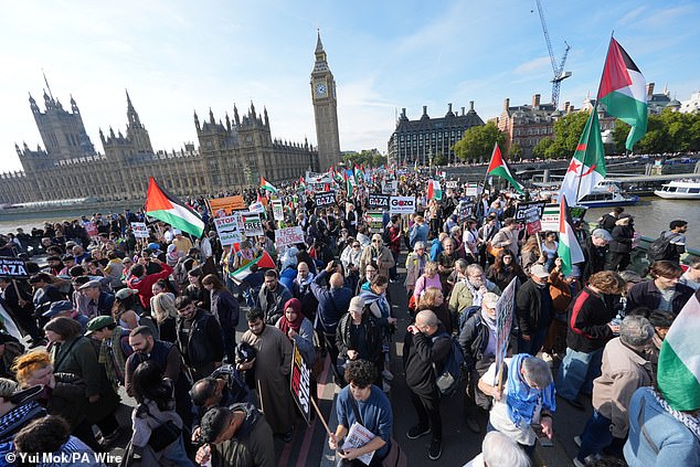 People pass Westminster as they take part in a Palestine Solidarity Campaign march from Victoria Embankment to Downing Street