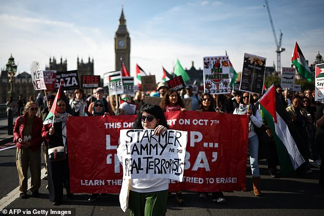 Pro-Palestine protesters are seen marching along Westminster bridge in central London on Saturday, a day after a peace deal was reached between Israel and Hamas