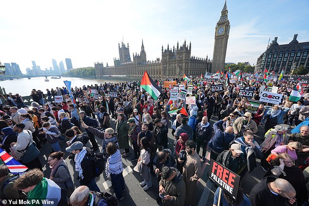 Pro-Palestine activists cross Westminster Bridge on Saturday, October 11