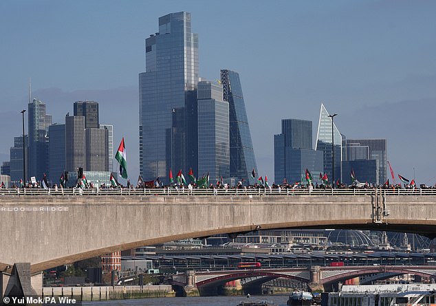 Protesters are seen on Waterloo Bridge as they take part in a Palestine Solidarity Campaign march in central London
