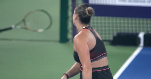 Replays showed the racket hitting one of the players' benches and bounced back to the court