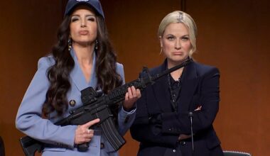 Tina Fey returned to Saturday Night Live with a biting impression of Kristi Noem, complete with her infamous 'ICE Barbie' glam and a prop firearm to match (pictured)