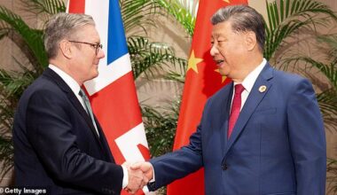 UK Prime Minister Sir Keir Starmer shakes hands with President Xi Jinping of China while the two leaders were in Rio de Janeiro to attend the G20 summit on November 18, 2024