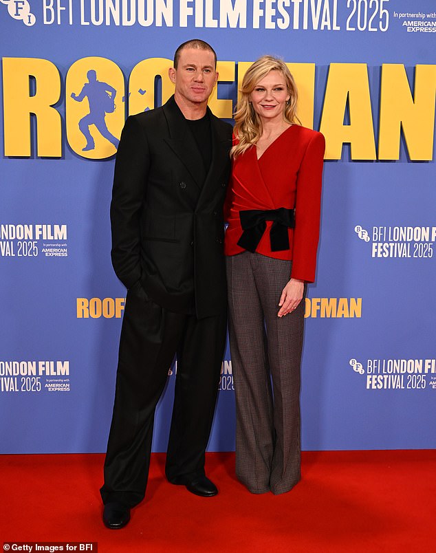 Elsewhere Channing was later joined by co-star Kirsten Dunst, who stunned in a wrap red blouse and a pair of grey wide legged trousers