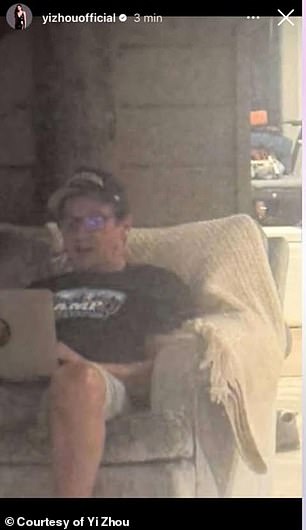 In one snap that seems to be taken at his Reno home, Renner can be seen lounging on the couch on his laptop