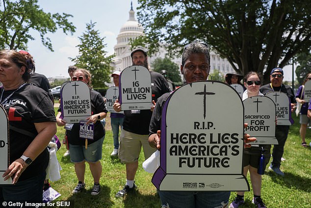 Care worker union staff protested at the US Capitol in Washington, DC, in June over medical funding cuts