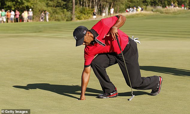 Woods is seen gingerly bending down to retrieve his ball from the hole during a 2013 event
