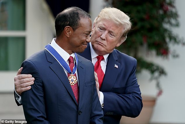 The 82-time winner on the PGA Tour receives the Presidential Medal of Freedom from Donald Trump at the White House in Washington, DC, back in 2019