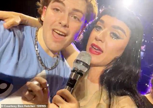 Katy Perry, 40, serenaded and twerked with superfan Ben Hatcher, 20, on stage after she pulled him from the crowd at her concert in Sheffield's Utilita Arena in the UK