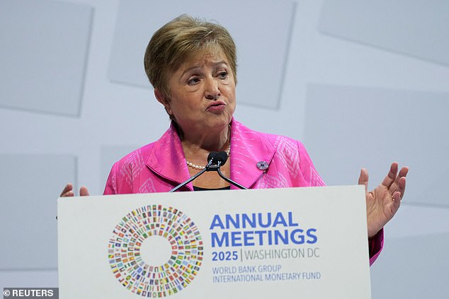Kristalina Georgieva, boss of the International Money Fund, pictured during her speech at the event yesterday