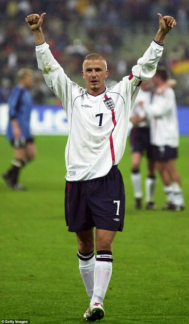 Cruz sported a very familiar piece of clothing - in the form of his dad David Beckham 's England football shirt (pictured celebrating the win after the FIFA World Cup 2002)