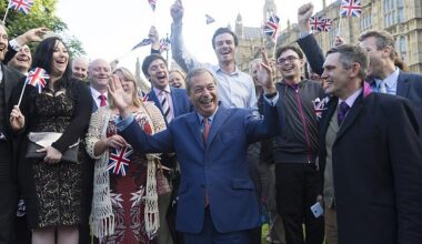 Flying the flag: Nigel Farage celebrates with supporters after Britain voted to leave the EU in June 2016