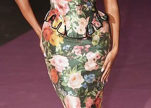 Maya Jama turned heads in a figure-hugging floral gown as she joined Naomi Campbell and Janet Jackson in leading the glamorous stars at the British Museum Pink Ball in London on Saturday