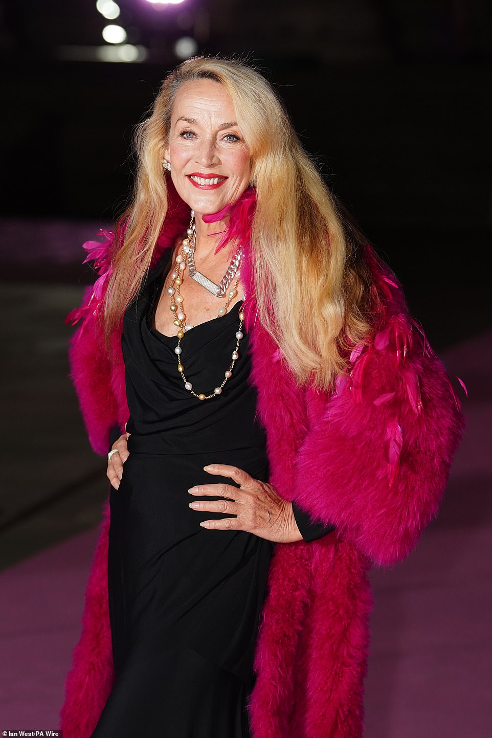 She paired the dress with a huge bright pink fur coat adorned with feathers, and accessorised with a chunky silver chain necklace and beaded pendant