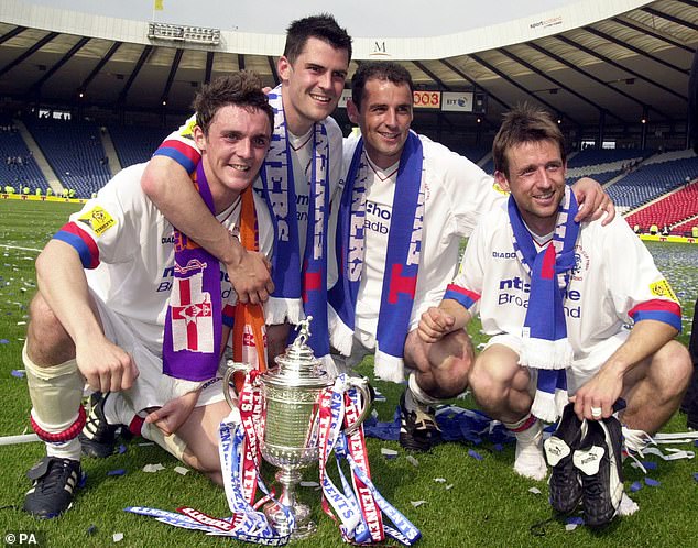 Muscat’s (pictured second from right during his playing days with Rangers) Shanghai Port commitments in China clashed with the Rangers’ timeline