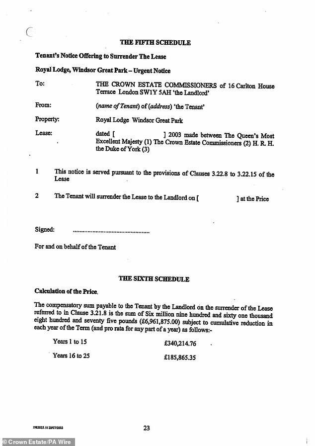 A document shows the compensation payable to Prince Andrew on surrender of the lease