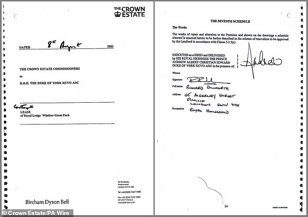 The first and last pages of Andrew's lease for Royal Lodge, released by the Crown Estate