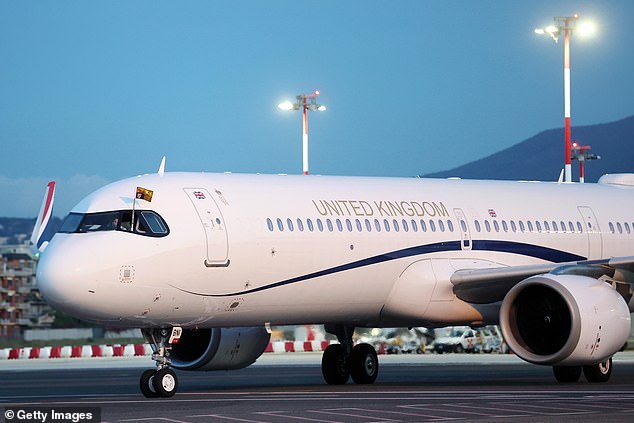 The Royal Air Force VIP Voyager carrying the King and Queen arrives at Ciampino Airport