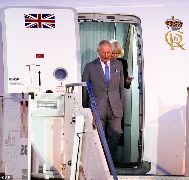 King Charles and Queen Camilla step off their plane as they arrive at Ciampino Airport ahead of their State visit to the Vatican