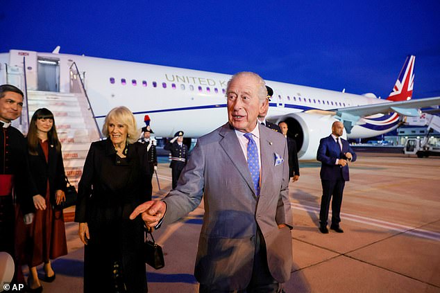 King Charles and Queen Camilla greet people as they arrive in Rome tonight for their Vatican visit