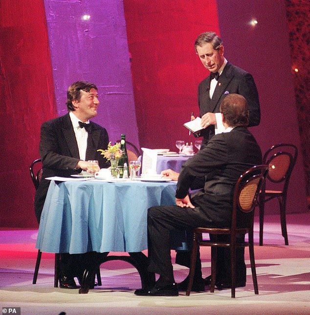Charles made a surprise appearance at his own 50th birthday celebration in London in October 1998 with actors Stephen Fry and Roger Moore on stage for a restaurant sketch