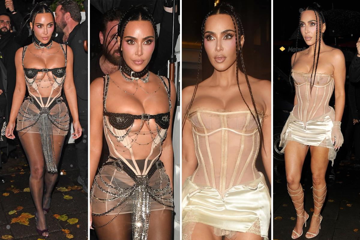 Kim Kardashian doubles up on sheer dresses in London — and wears braids as a bra
