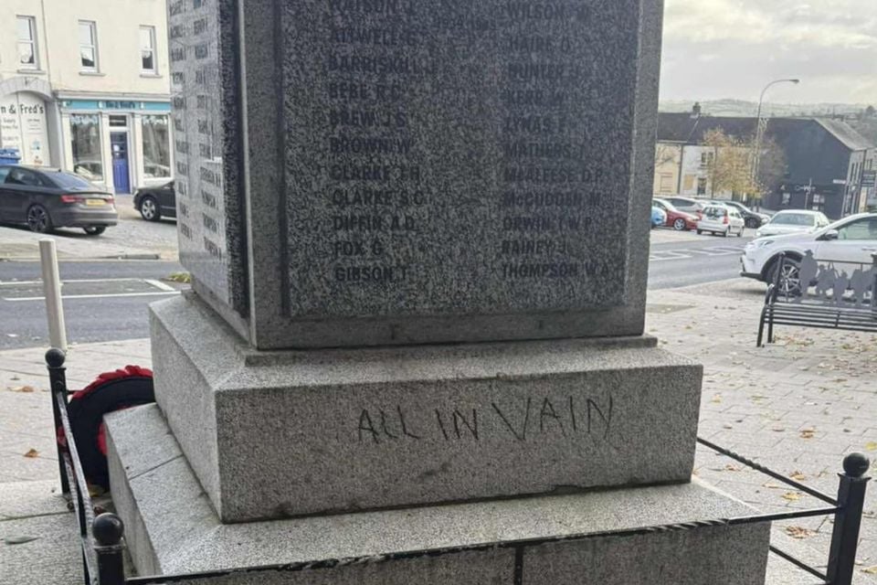 Tandragee war memorial was scrawled with graffiti. Facebook/TUV Newry and Armagh