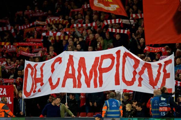 LIVERPOOL, ENGLAND - Wednesday, September 13, 2017: Liverpool's supporters' banner "Oh Campione" on the Spion Kop before the UEFA Champions League Group E match between Liverpool and Sevilla at Anfield. (Pic by David Rawcliffe/Propaganda)