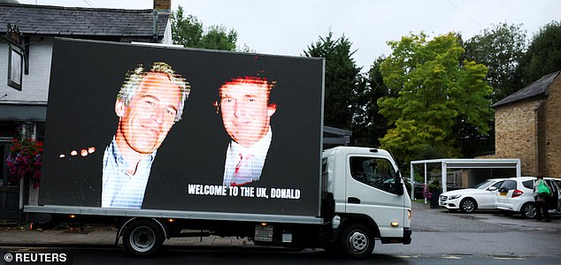 An image of U.S. President Donald Trump alongside disgraced financier Jeffrey Epstein is displayed on a vehicle on the day of the state visit of the U.S. President and first lady Melania Trump, in Windsor, Britain, September 17, 2025. REUTERS/Phil Noble