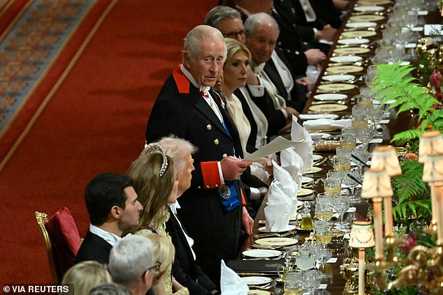 Britain's King Charles delivers a speech at a State Banquet at Windsor Castle, in Windsor, on September 17, 2025, during the second State Visit of US President Donald Trump. Andrew Caballero-Reynolds/Pool via REUTERS