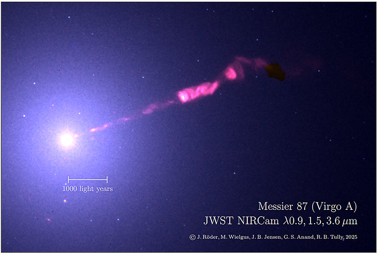 Infrared data from the James Webb Telescope reveals more structural details of M87's black hole jet