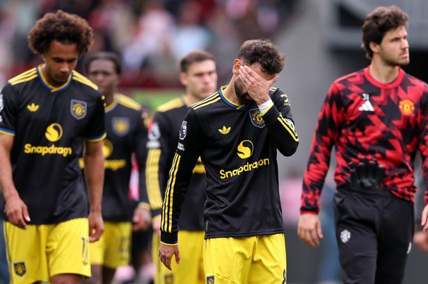 Bruno Fernandes of Manchester United looks dejected after the team's defeat during the Premier League match between Brentford and Manchester United at Brentford Community Stadium on September 27, 2025 in Brentford, England.