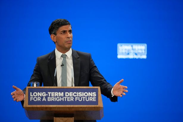 Rishi Sunak speaks during the final day of the Conservative Party Conference on October 4, 2023