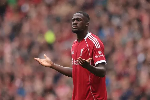 LIVERPOOL, ENGLAND - SEPTEMBER 20: Ibrahima Konate of Liverpool reacts during the Premier League match between Liverpool and Everton at Anfield on September 20, 2025 in Liverpool, England. (Photo by Carl Recine/Getty Images)