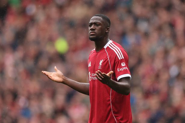 LIVERPOOL, ENGLAND - SEPTEMBER 20: Ibrahima Konate of Liverpool reacts during the Premier League match between Liverpool and Everton at Anfield on September 20, 2025 in Liverpool, England. (Photo by Carl Recine/Getty Images)