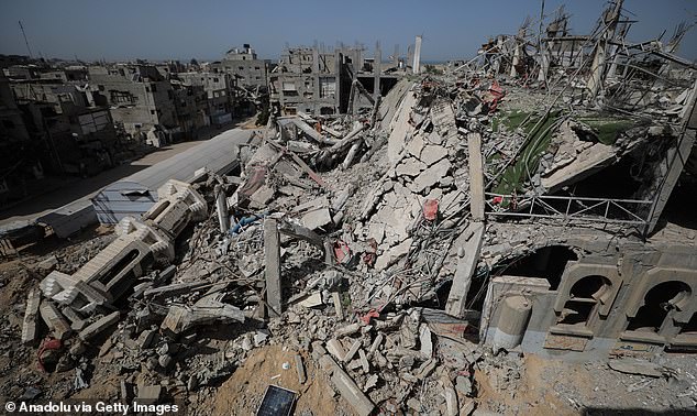 GAZA CITY, GAZA - OCTOBER 04: A view of the partially collapsed mosque after Israeli attacks on Gaza City, Gaza on October 04, 2025. Since Israel's attacks on October 7, United Nations facilities, schools, hospitals, mosques, churches, and numerous historical buildings have been damaged. Dozens of mosques across the Gaza Strip have suffered severe destruction, while in the central Nuseirat area, places of worship and surrounding structures have been reduced to rubble and ashes (Photo by Hassan Jedi/Anadolu via Getty Images)
