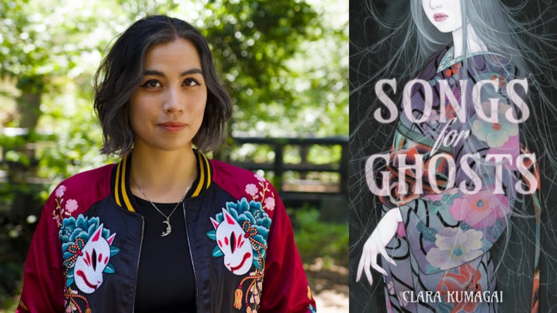 A composite of two images, with a woman with a wavy bob haircut and colourful bomber jacket on the left and a book cover of a girl in a kimono on the right.