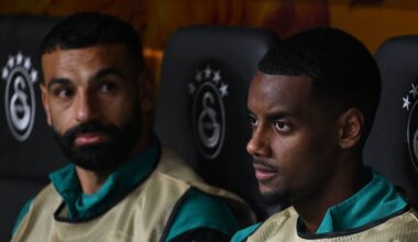 Liverpool's Swedish forward #09 Alexander Isak (C) looks on from the bench as he sits next to Liverpool's Egyptian forward #11 Mohamed Salah (L) and Liverpool's Argentine midfielder #10 Alexis Mac Allister (R) during the UEFA Champions League first round day 2 football match between Galatasaray (TUR) and Liverpool (ENG) at the Ali Sami Yen Spor Kompleksi in Istanbul on September 17, 2025. (Photo by Yasin AKGUL / AFP) (Photo by YASIN AKGUL/AFP via Getty Images)