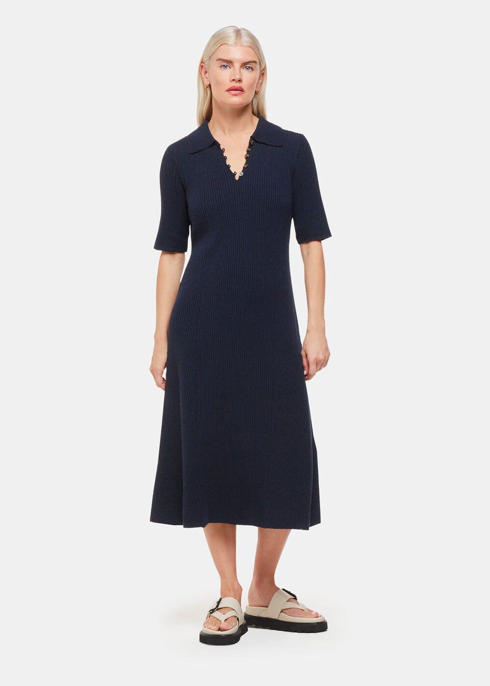 Navy Knitted Ribbed Midi Dress