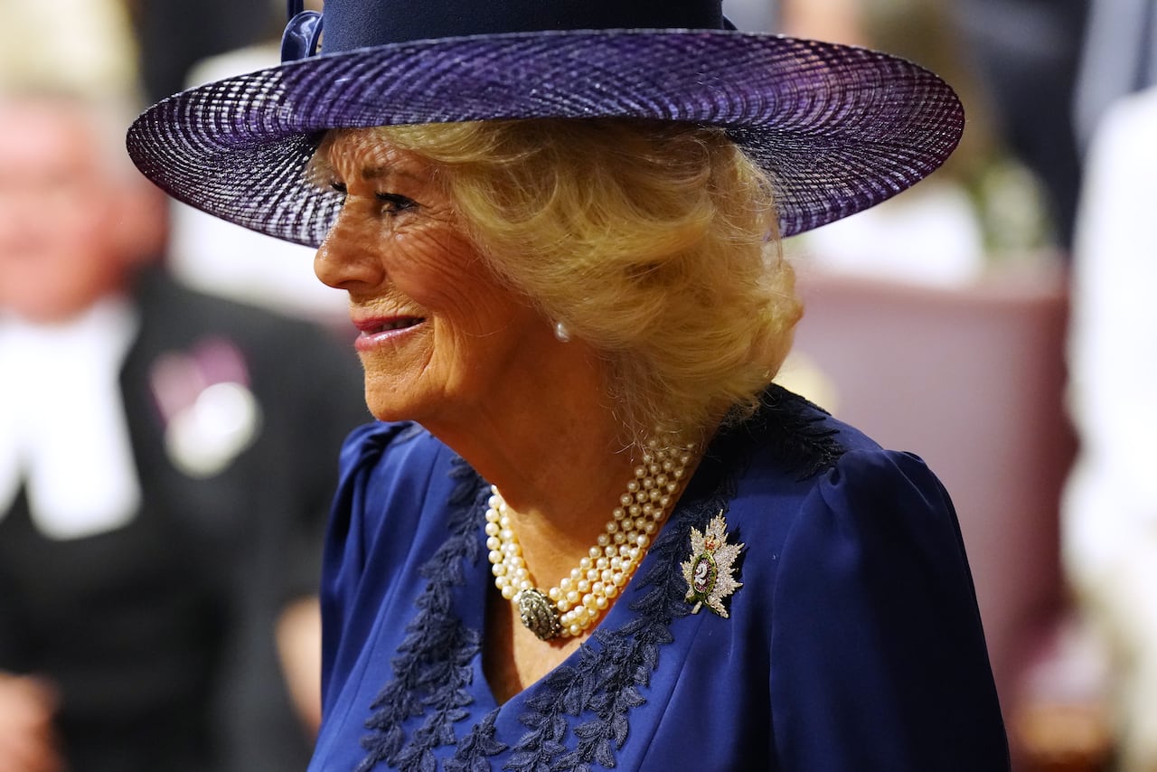 Queen Camilla is shown ahead of King Charles delivering the speech from the throne in the Senate in Ottawa on Tuesday, May 27, 2025.