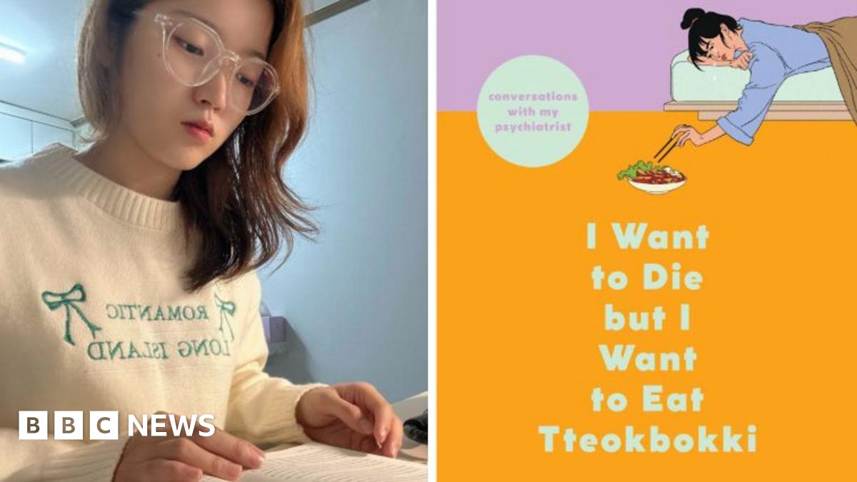 A composite image of Julie Yoonnyung Lee in a cream-coloured jumper with light blue writing reading a book on the left-hand side, and on the right-hand side of the composite image, the purple and orange book cover of 'I Want to Die but I Want to Eat Tteokbokki' by Baek Se-hee.