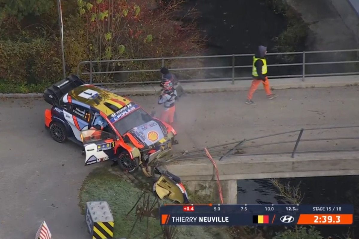 Stage 15 cancelled as Thierry Neuville crashes into bridge