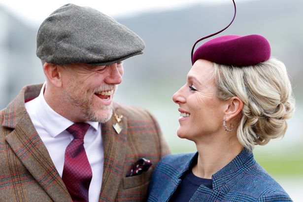 Mike Tindall and Zara Tindall attend day 3 'St Patrick's Thursday' of the Cheltenham Festival at Cheltenham Racecourse on March 16, 2023 in Cheltenham, England.