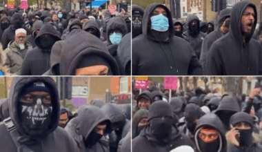 Columns of masked Muslim men chant 'Allahu Akbar' in London in 'protest' against Ukip demonstration