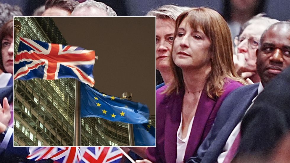 Rachel Reeves, Union Jack flag and EU flag