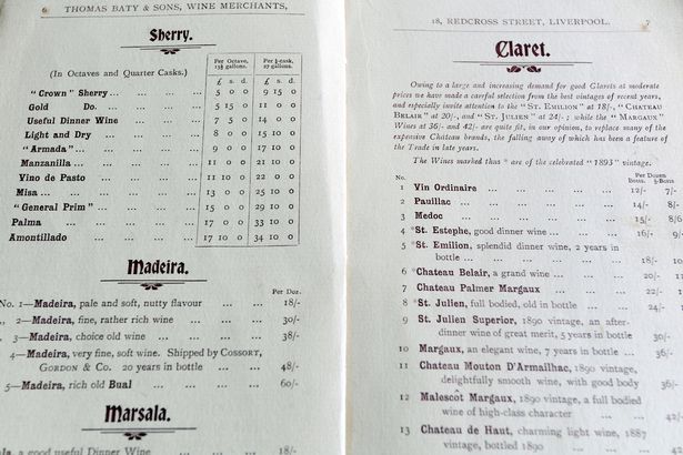 Old wine list from Thomas Baty & Sons